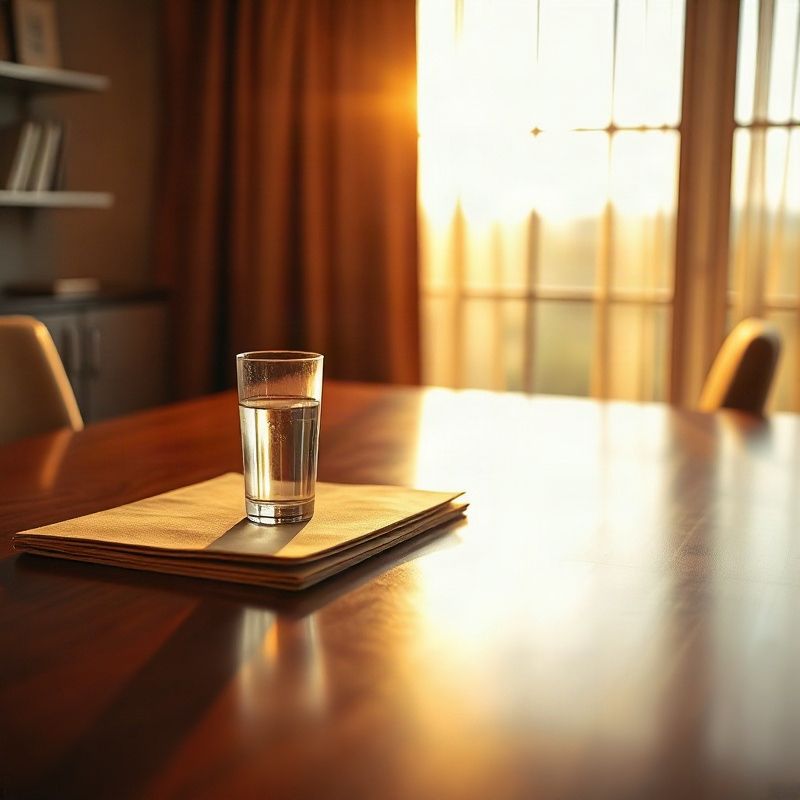 Slate-professional boardroom table with a single closed manila folder in soft golden equatorial light