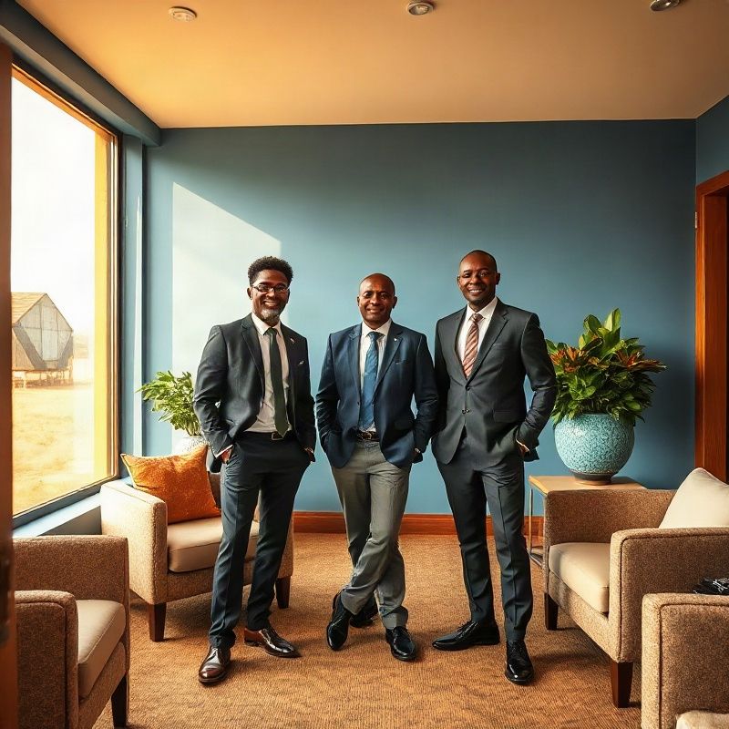 Editorial portrait of the Astronomynoteq advisory team in a slate-blue accented Eldoret office with natural light