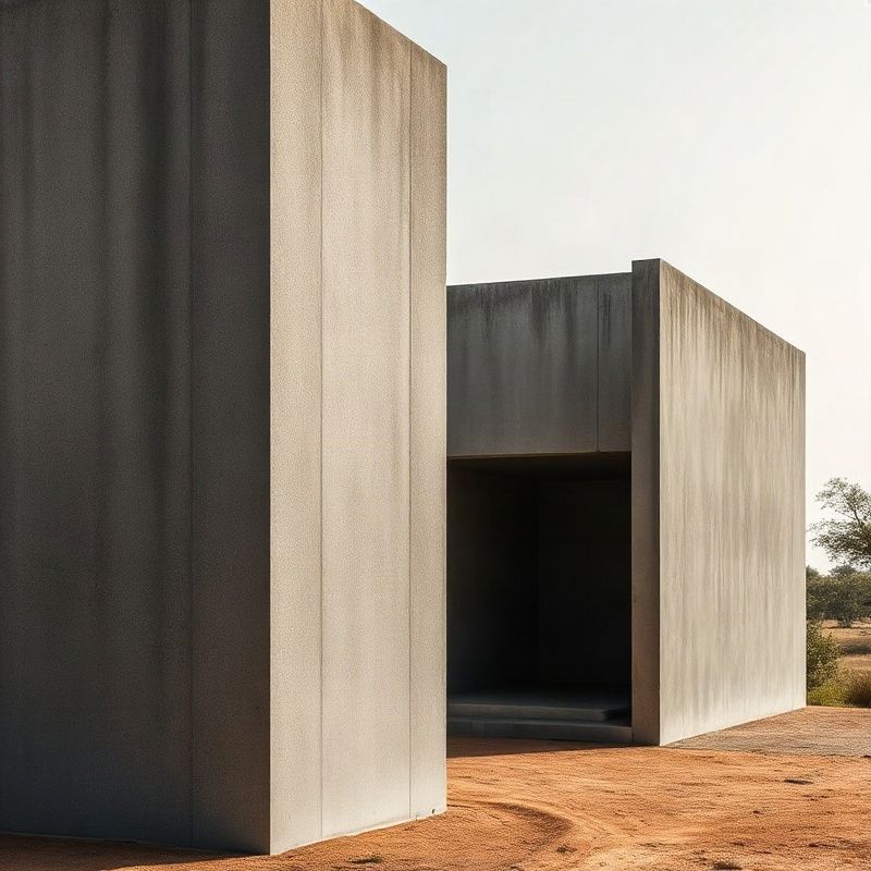 Abstract slate-grey concrete architecture in Eldoret with ochre acacia foliage in the distance
